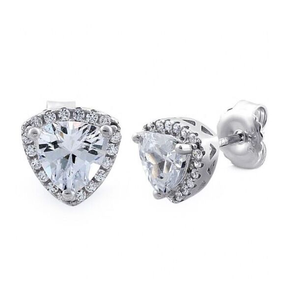 Sterling Silver Trillion Stud CZ Earrings New - Picture 1 of 4